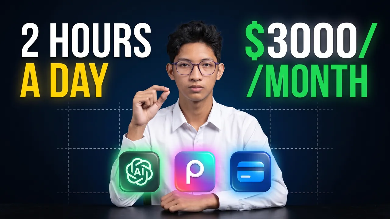 Generated thumbnail: the same pose and layout with the user’s face and “2 HOURS A DAY · $3000/MONTH”