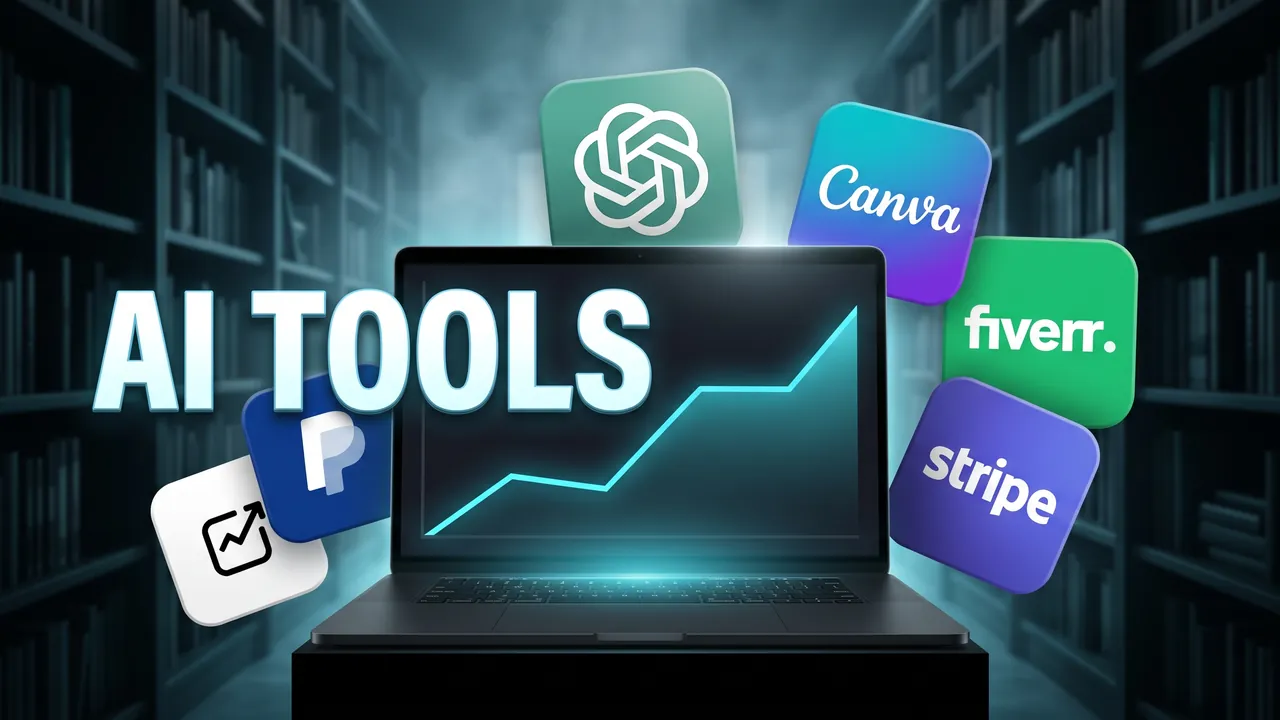 Generated faceless thumbnail: a glowing laptop surrounded by the same app icons, with “AI TOOLS”