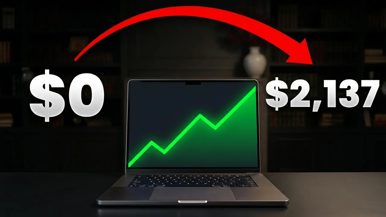 Generated faceless thumbnail: a laptop with a rising chart takes the creator’s place, with “$0” and “$2,137”