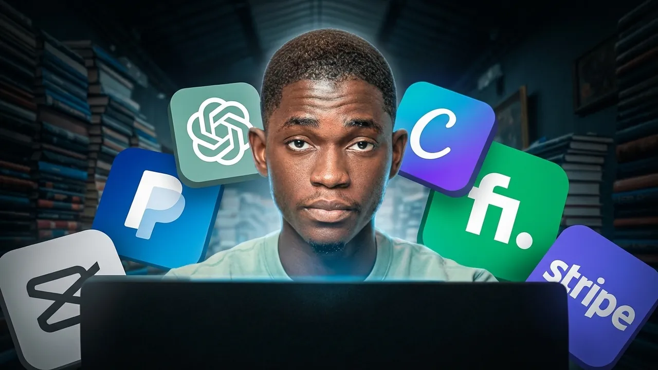 Reference thumbnail: a creator behind a laptop surrounded by AI app icons