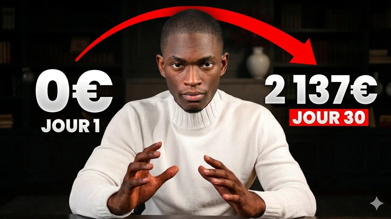 Reference thumbnail: a creator at a desk between “0€” and “2 137€”, with a red arrow