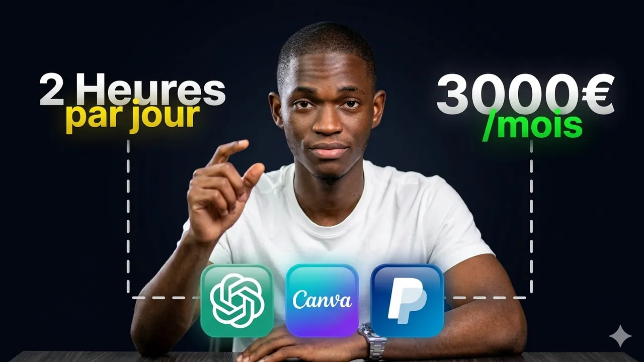 Reference thumbnail: a creator pinching his fingers between “2 Heures par jour” and “3000€/mois”, with app icons
